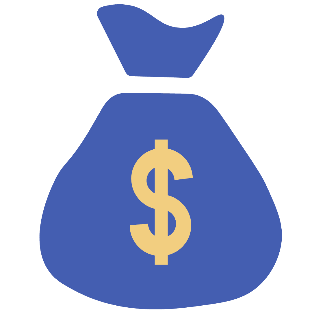 Blue bag of money icon. A yellow money sign is on the front of the bag.