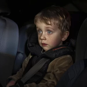 Creating a Sensory-Friendly Vehicle Environment, Child in the backseat of a car, buckled in a car seat.