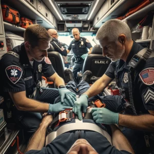 An-EMS-team-calmly-handling-a-challenging-situation-in-an-ambulance-showcasing-teamwork-and-professionalism.