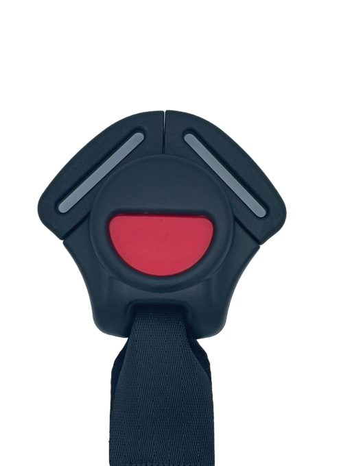 Top view of a black Evenflo Convertible car seat buckle with a red button and curved side arms.