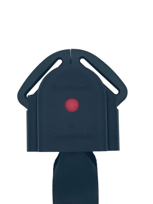 Side view of a black Evenflo Convertible car seat guard with a central red button.