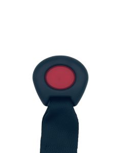 Close-up of the release button on an Evenflo Lifemax car seat buckle, showing a red button on a black base.