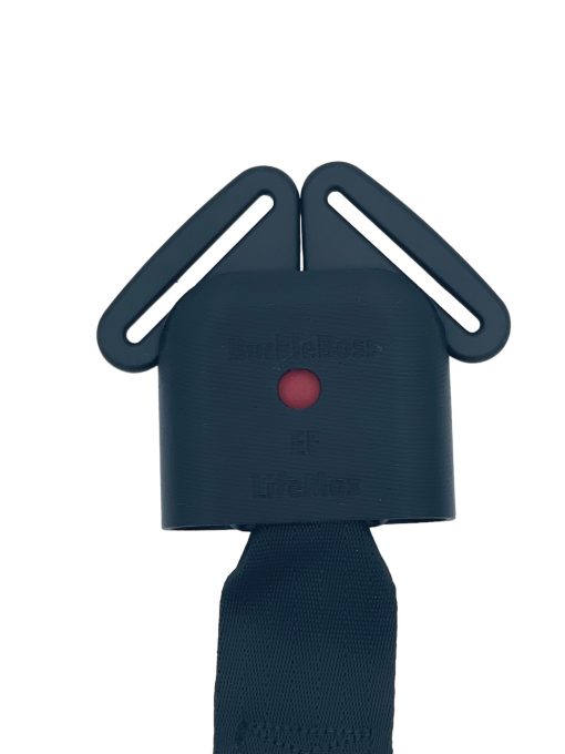 Close-up of the release button on an Evenflo Lifemax car seat buckle, showing a red button on a black base.