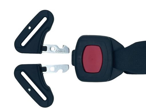 Close-up of the top part of the Evenflo Revolve car seat belt guard with red button and metal buckles.